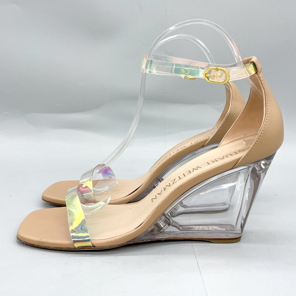 Stuart Weitzman Womens 8.5 Nudistlucite Clear Wedge Sandals Iridescent Strap - Picture 4 of 12